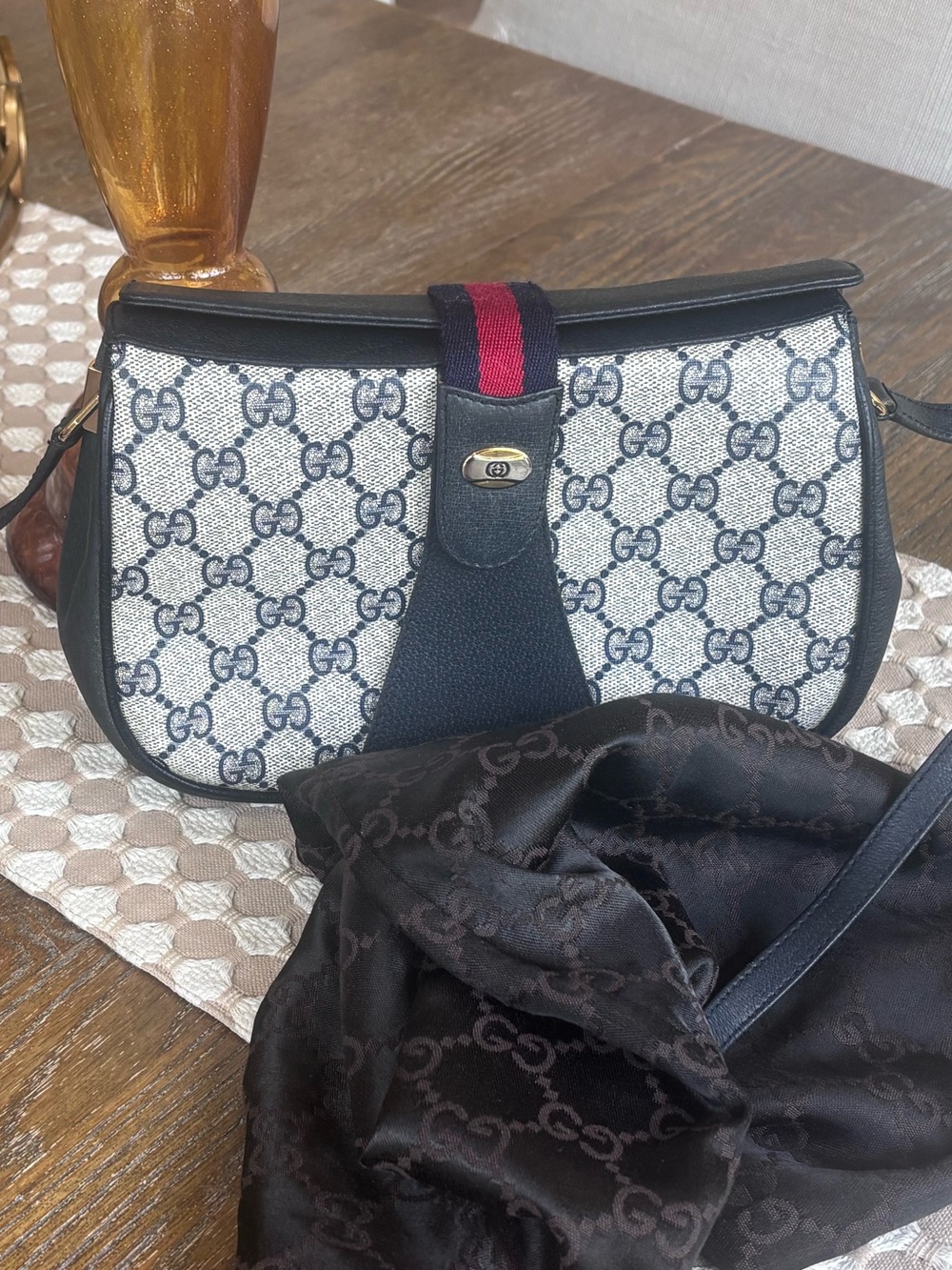 COA Vintage Gucci Supreme Sherry Line GG Leather and Canvas - Navy and Red Web